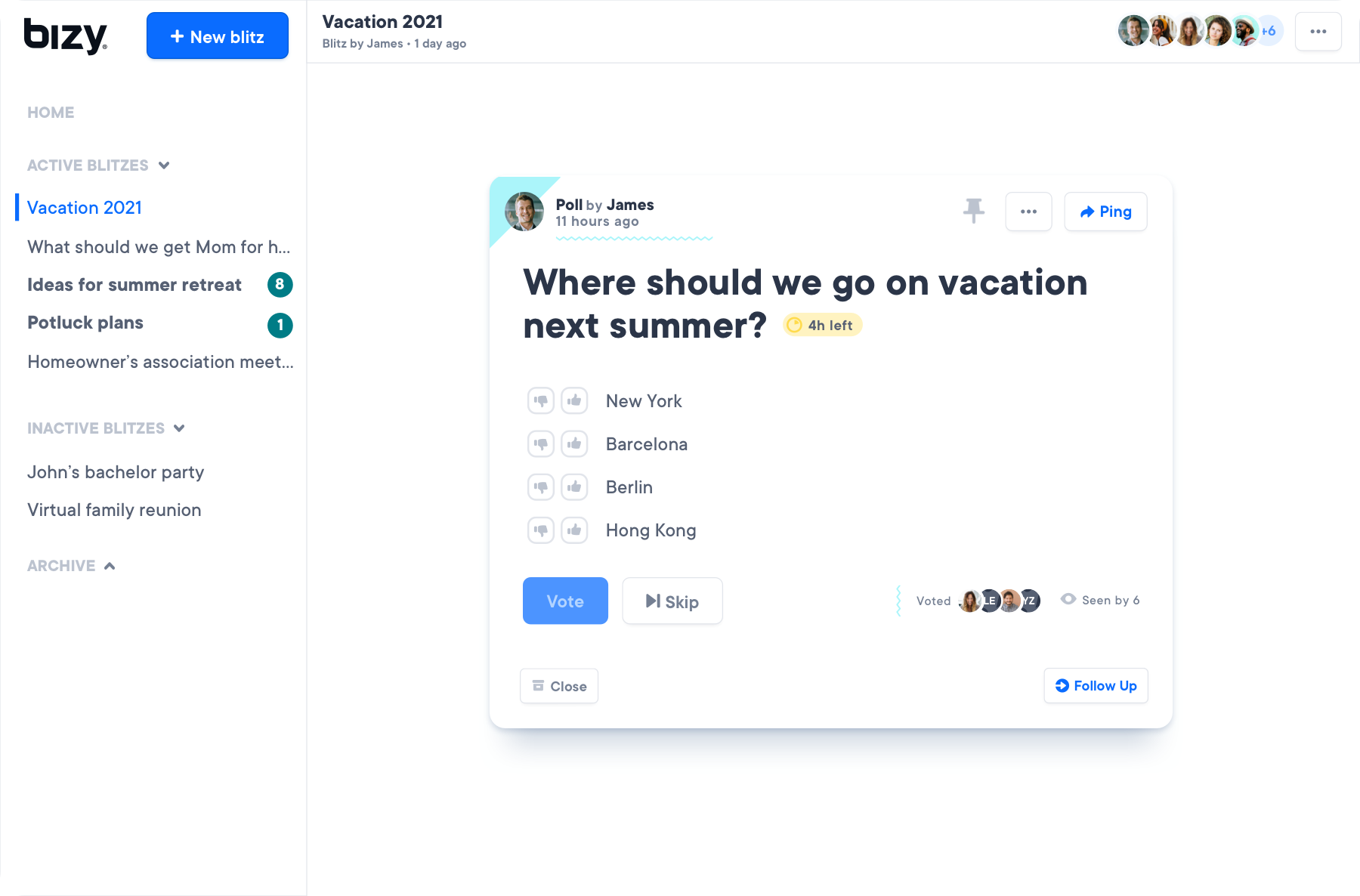 Shows the UI of bizy, with the card: 'Where are we going on vacation this year?'